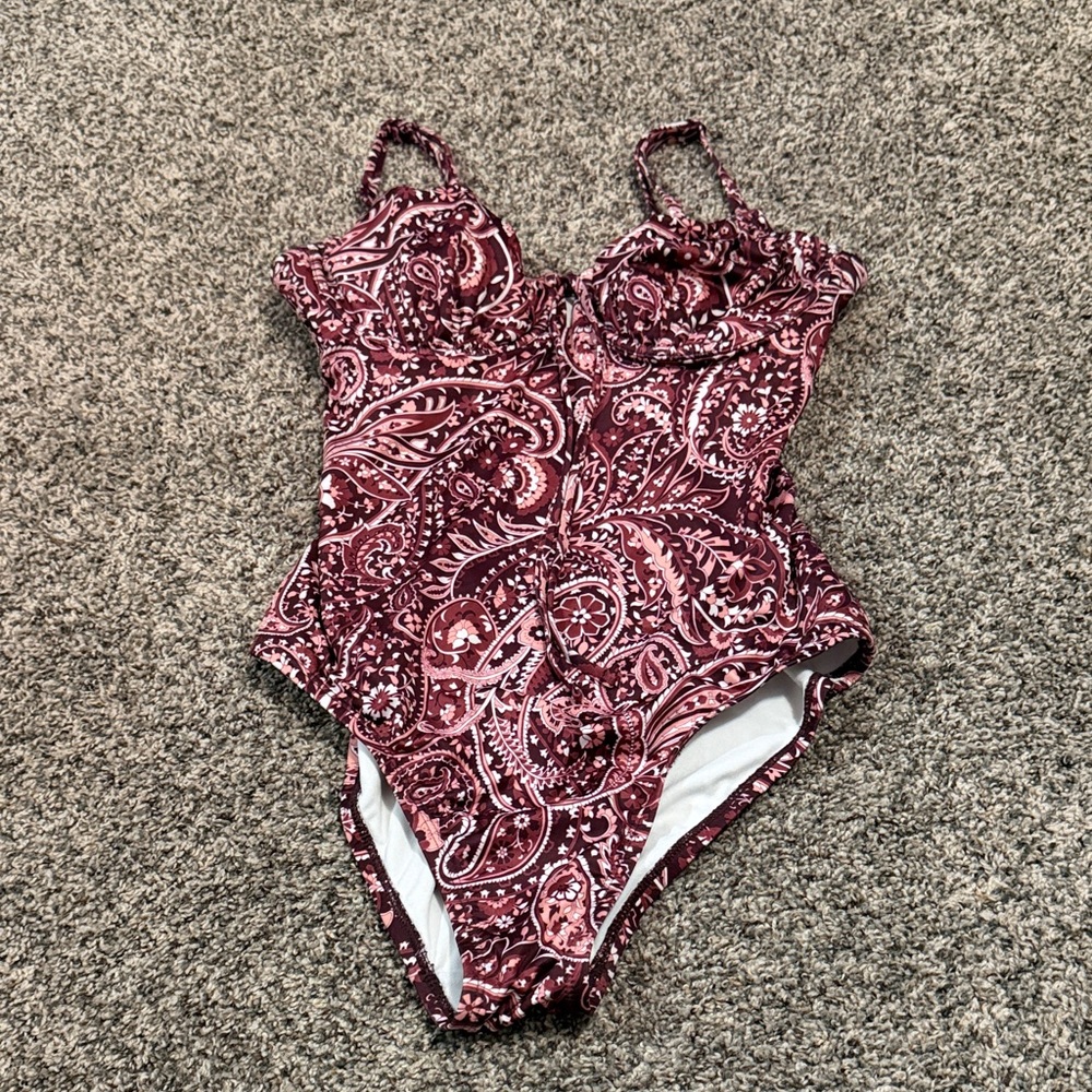 Kona Sol Burgundy and Pink Paisley One-Piece Swimsuit Size Medium